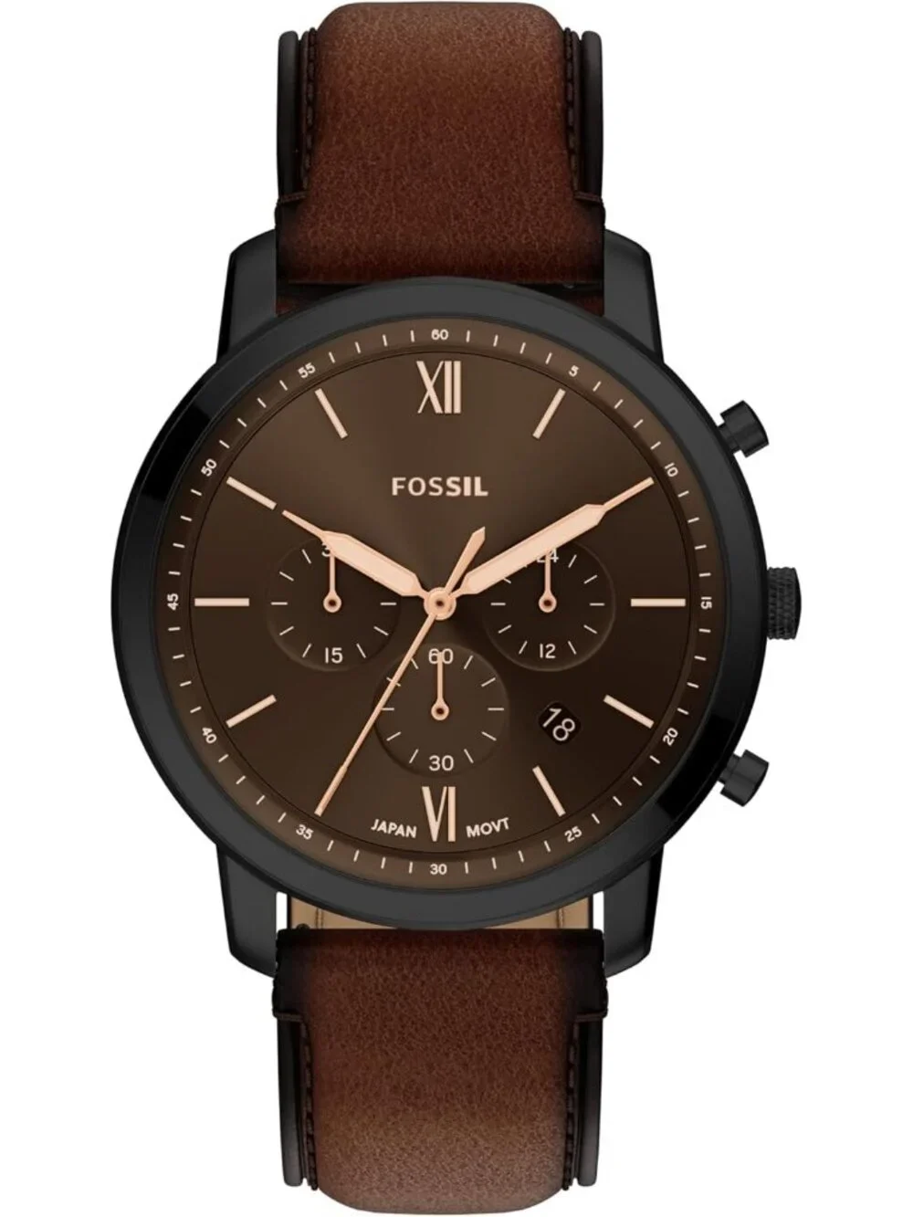 Men's Brown Leather Strap Black Neutra Quartz Stainless Steel Chronograph Watch